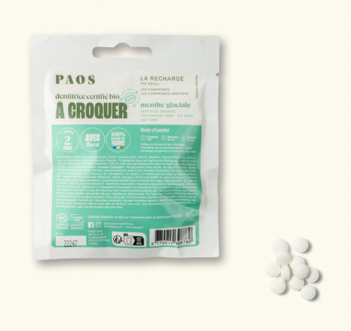 PAOS - Recharge dentifrice à croquer BIO - menthe glaciale - travel - 125 comprimés - 37,5g